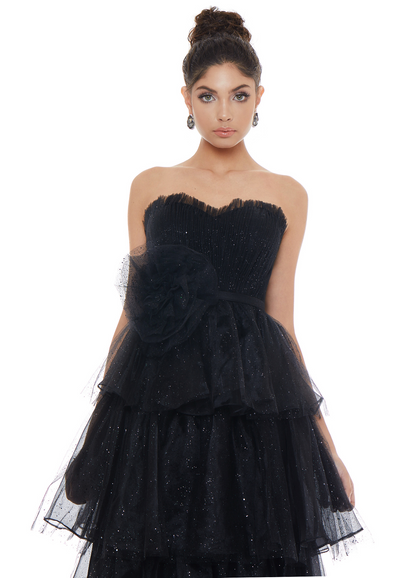 Glamorous A-Line Strapless Sleeveless Tiered Sparkly Black Floor-Length Prom Dresses Women Gown