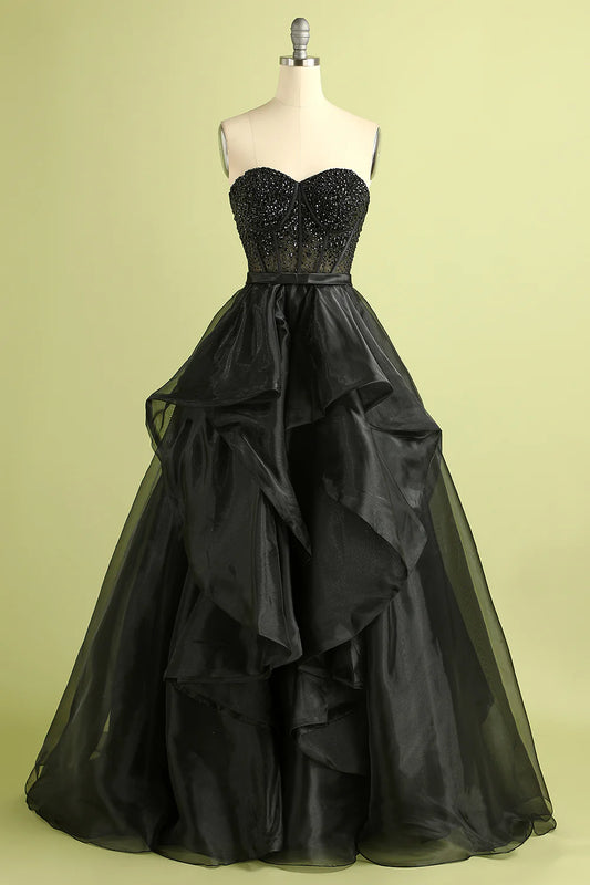 Glamorous Beaded Strapless Ball Gown Prom Dresses with Ruffled Tulle Skirt and Satin Waistband