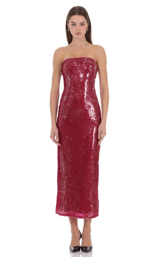 Glamorous Burgundy Strapless Sequin Embellished Mesh Bodycon Midi Evening Dresses