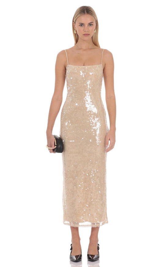 Glamorous Champagne Gold Spaghetti Strap Square Neck Sequin Embellished Mesh Bodycon Midi Evening Dresses
