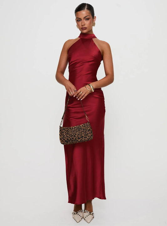 Glamorous Halter Neck Tie-Back Satin Mermaid Evening Dress with High Side Slit