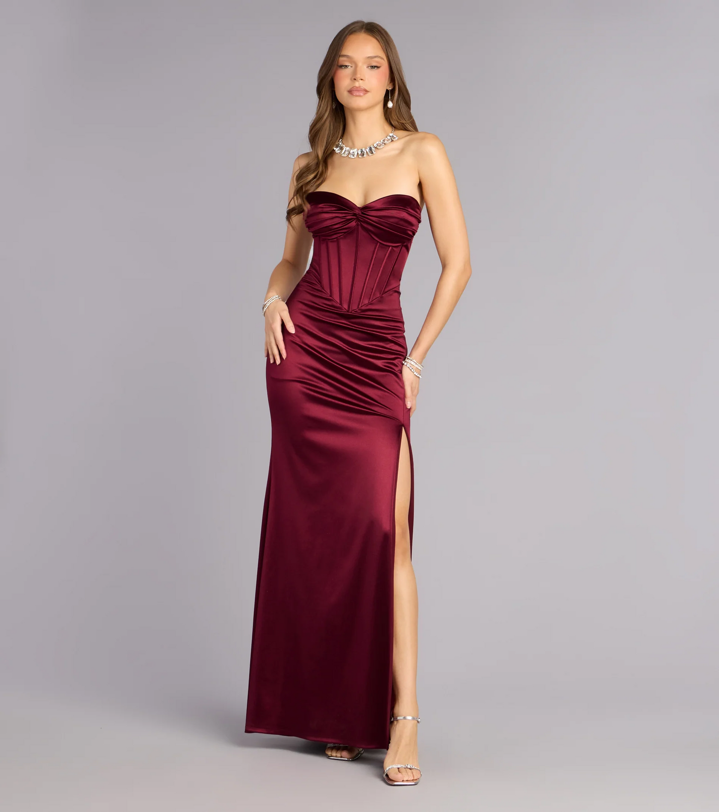 Glamorous Mermaid Strapless Neck Sleeveless Open Back Slit Floor Length Evening Dress