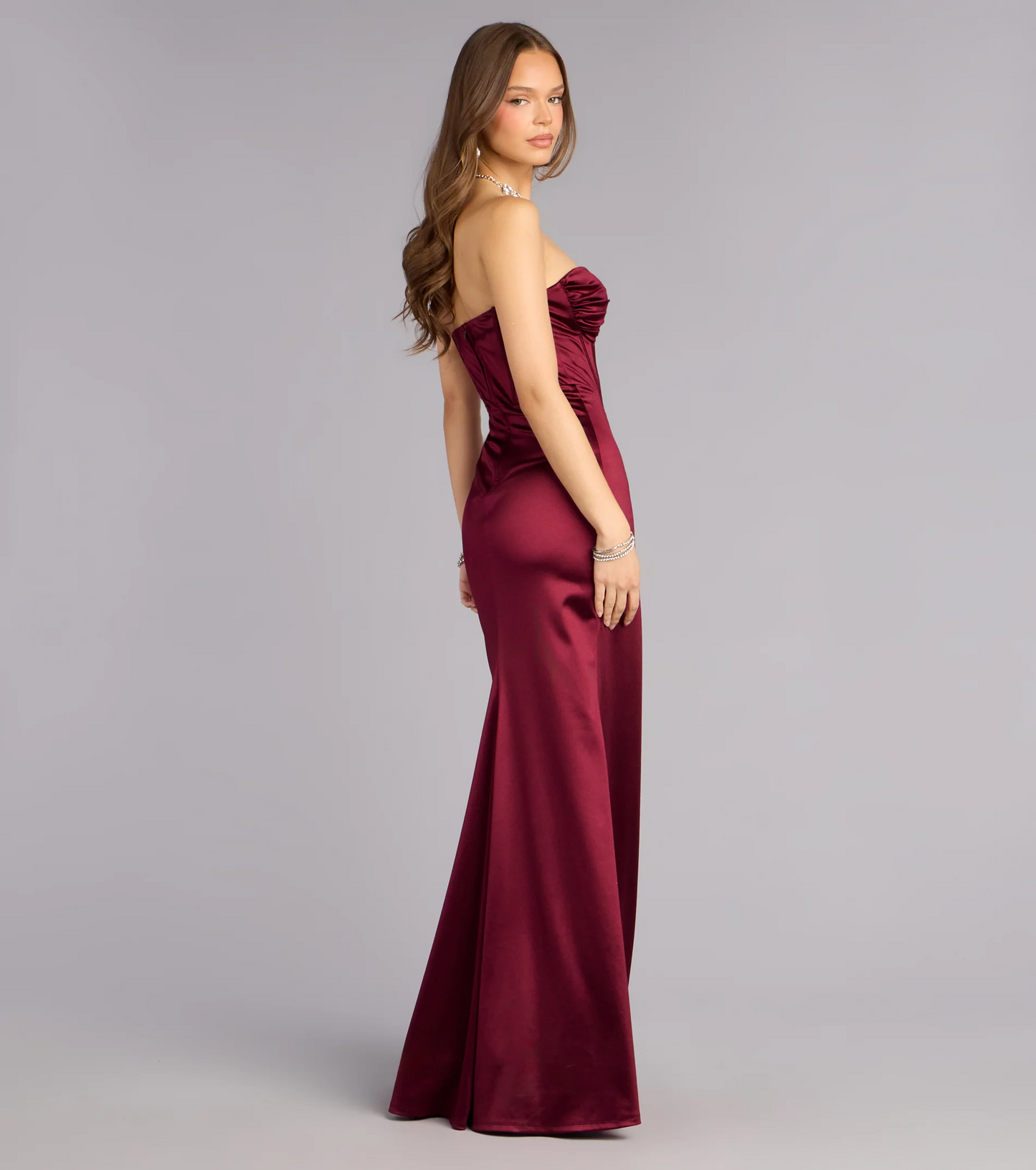 Glamorous Mermaid Strapless Neck Sleeveless Open Back Slit Floor Length Evening Dress