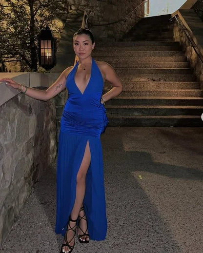 Glamorous Satin A-Line Deep V-Neck Halter Sleeveless Open Back Tie Floor-Length Evening Dresses