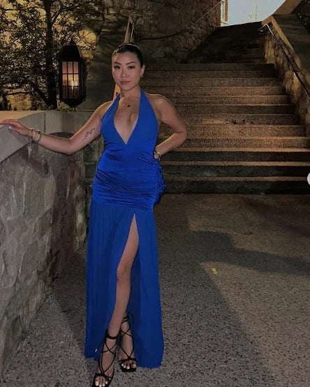 Glamorous Satin A-Line Deep V-Neck Halter Sleeveless Open Back Tie Floor-Length Evening Dresses
