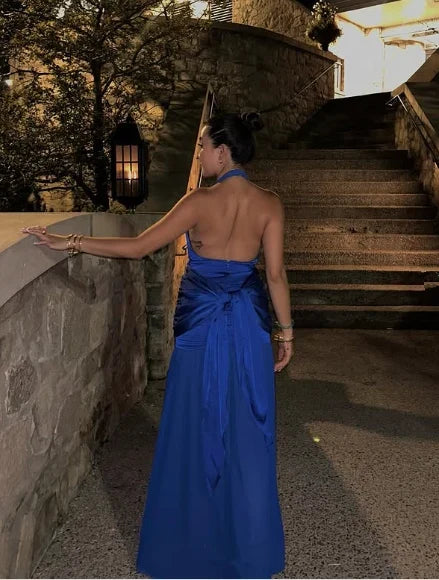 Glamorous Satin A-Line Deep V-Neck Halter Sleeveless Open Back Tie Floor-Length Evening Dresses