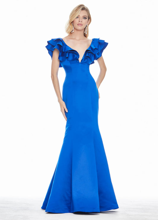 Glamorous Satin Mermaid Deep V-Neck Ruffled Cap Sleeve Low V-Back Floor-Length Evening Dresses