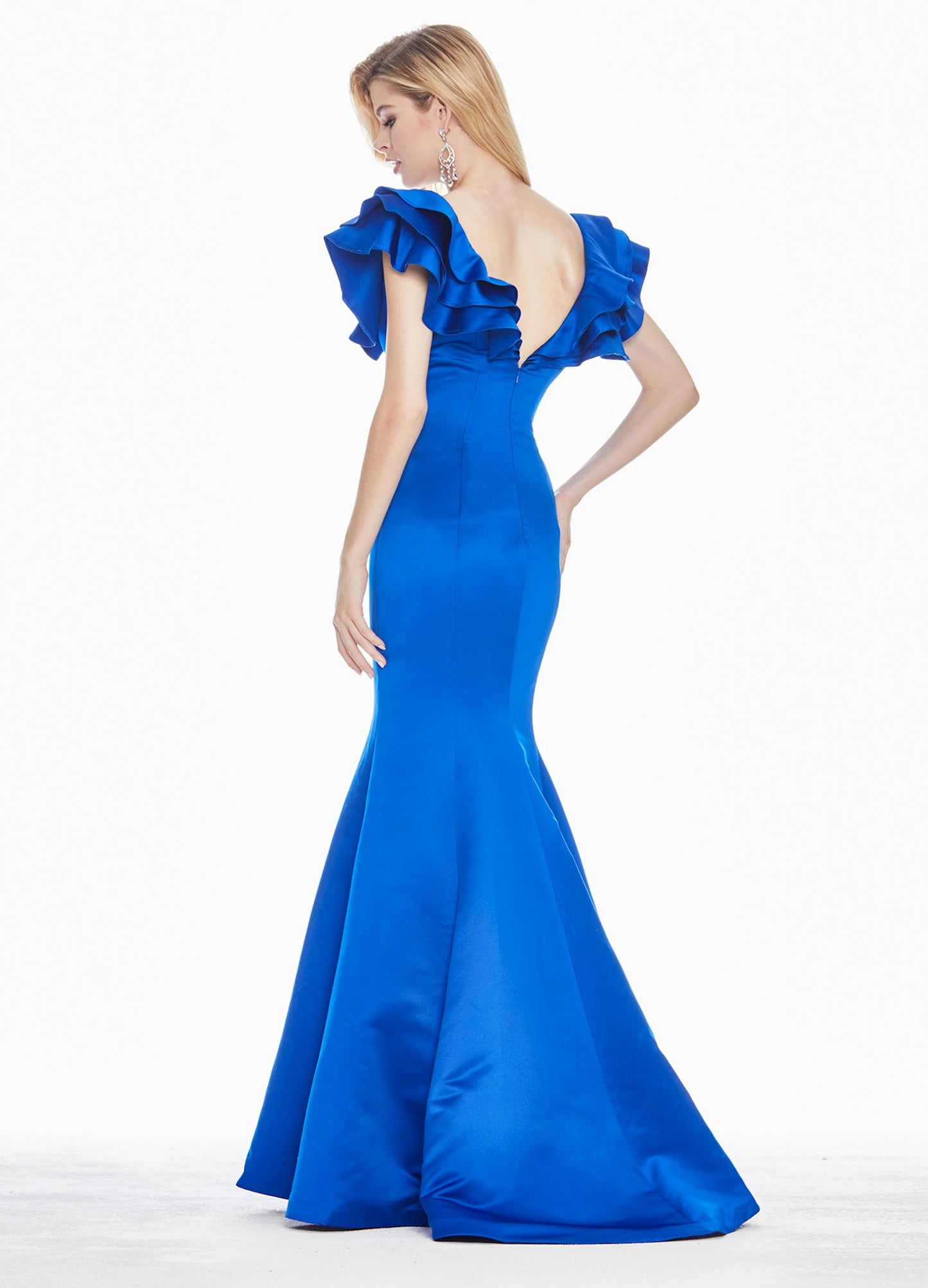 Glamorous Satin Mermaid Deep V-Neck Ruffled Cap Sleeve Low V-Back Floor-Length Evening Dresses