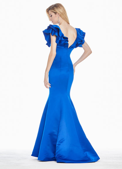 Glamorous Satin Mermaid Deep V-Neck Ruffled Cap Sleeve Low V-Back Floor-Length Evening Dresses