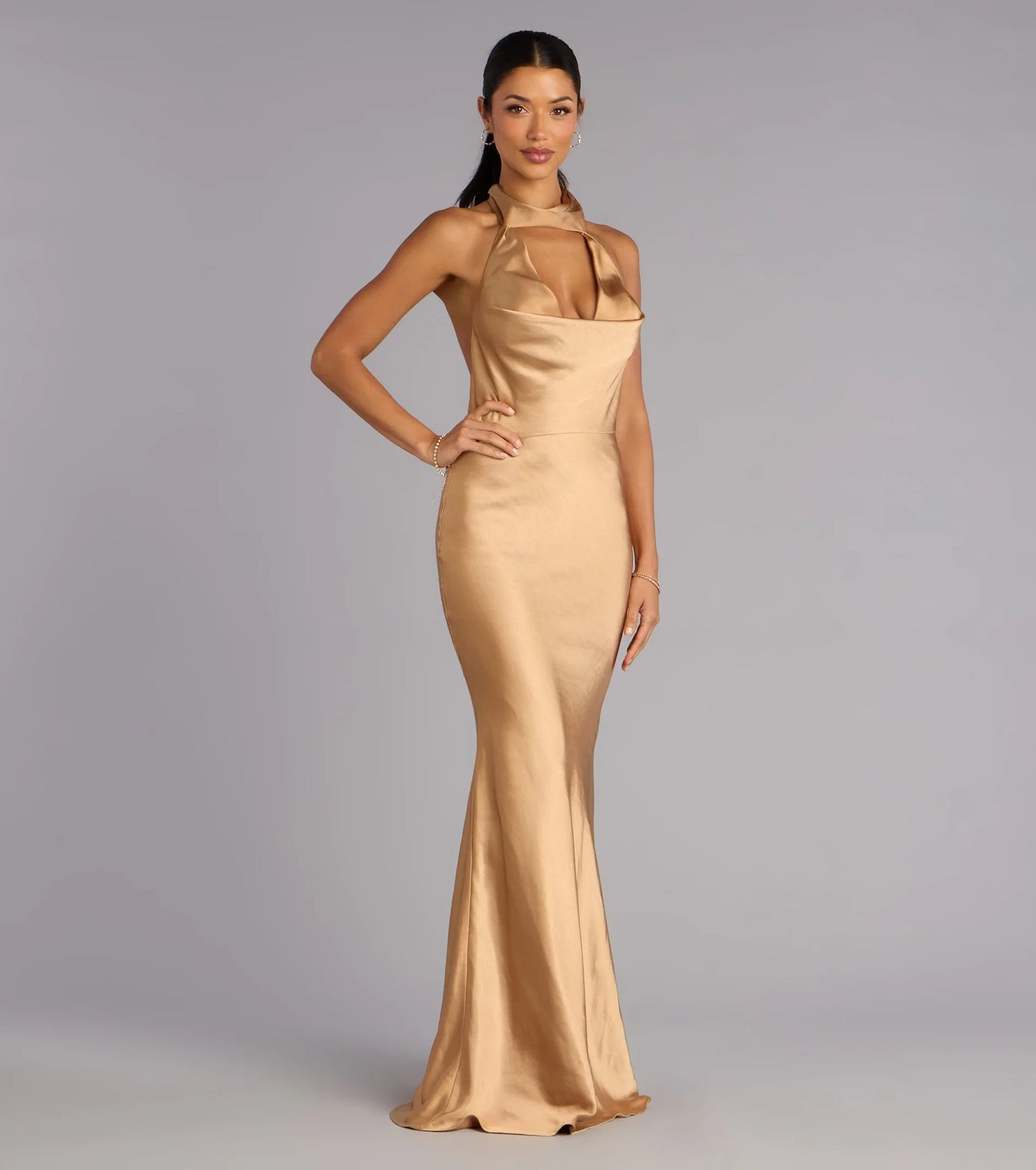 Glamorous Satin Mermaid Halter Cowl Neck Sleeveless Open Back Tie Floor-Length Evening Dresses