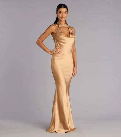 Glamorous Satin Mermaid Halter Cowl Neck Sleeveless Open Back Tie Floor-Length Evening Dresses