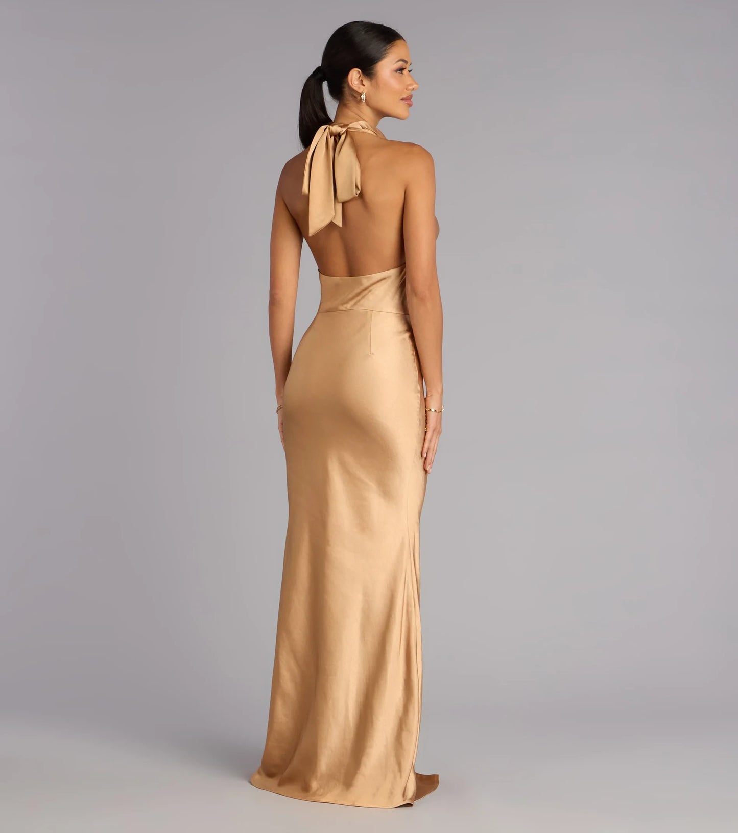 Glamorous Satin Mermaid Halter Cowl Neck Sleeveless Open Back Tie Floor-Length Evening Dresses