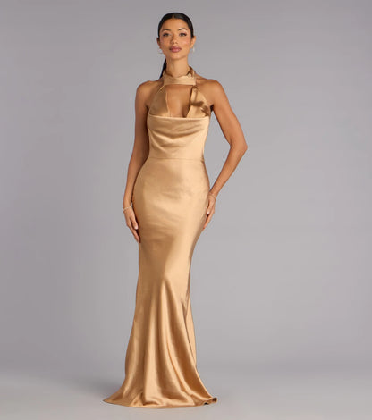 Glamorous Satin Mermaid Halter Cowl Neck Sleeveless Open Back Tie Floor-Length Evening Dresses