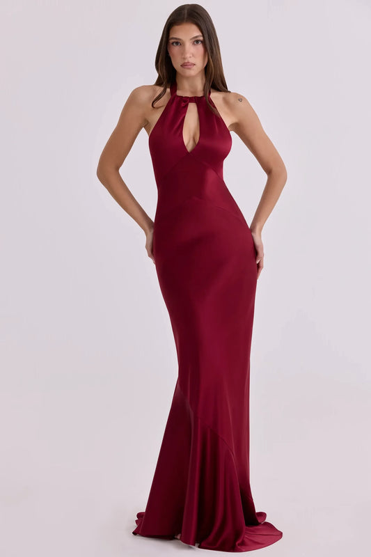 Glamorous Satin Mermaid Halter Keyhole Sleeveless Open Back Tie Floor-Length Evening Dresses