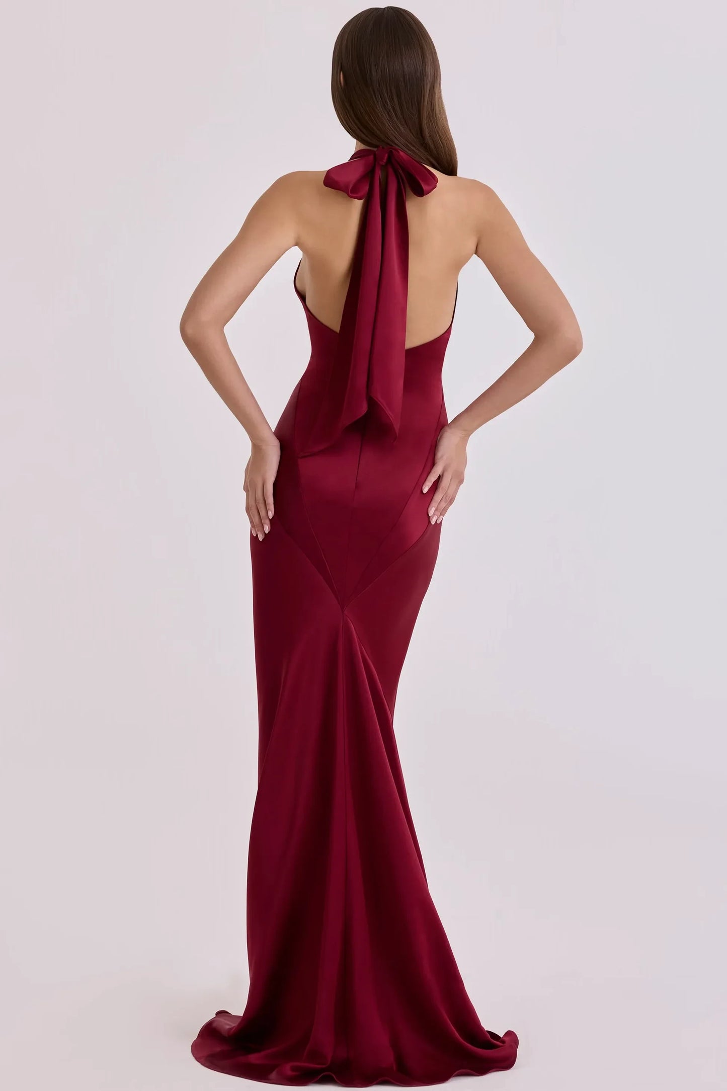 Glamorous Satin Mermaid Halter Keyhole Sleeveless Open Back Tie Floor-Length Evening Dresses