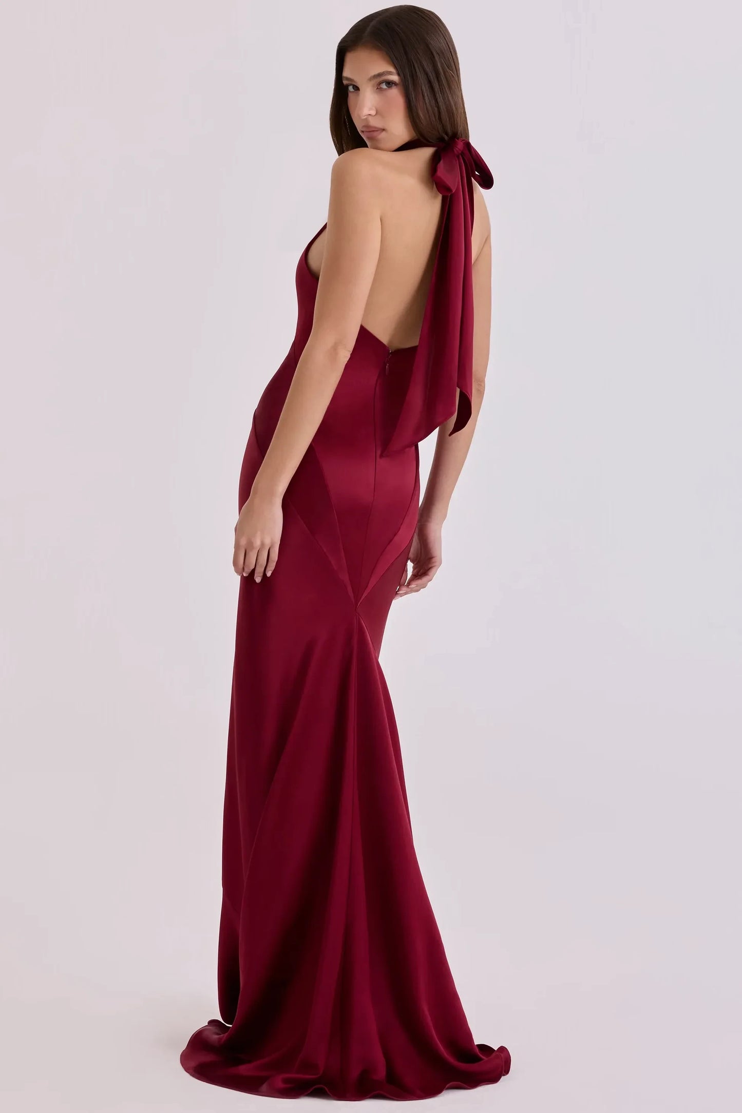 Glamorous Satin Mermaid Halter Keyhole Sleeveless Open Back Tie Floor-Length Evening Dresses