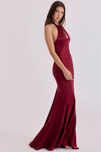 Glamorous Satin Mermaid Halter Keyhole Sleeveless Open Back Tie Floor-Length Evening Dresses