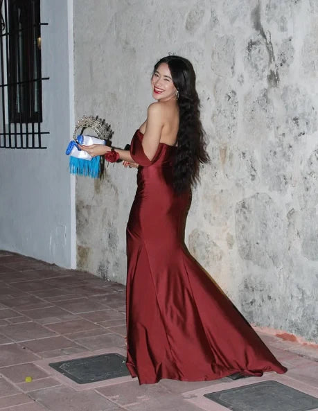 Glamorous Satin Mermaid High Slit Off-the-Shoulder Sweetheart With Sleeves Simple Back Floor-Length Prom Dresses