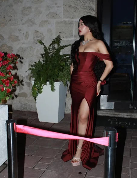 Glamorous Satin Mermaid High Slit Off-the-Shoulder Sweetheart With Sleeves Simple Back Floor-Length Prom Dresses