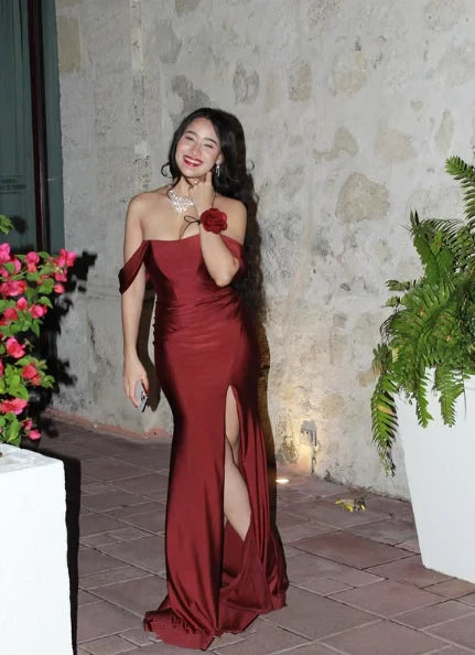 Glamorous Satin Mermaid High Slit Off-the-Shoulder Sweetheart With Sleeves Simple Back Floor-Length Prom Dresses
