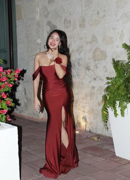 Glamorous Satin Mermaid High Slit Off-the-Shoulder Sweetheart With Sleeves Simple Back Floor-Length Prom Dresses