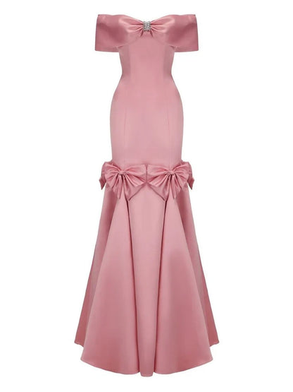 Glamorous Satin Mermaid Off-the-Shoulder With Short Sleeves Floor-Length Prom Dresses