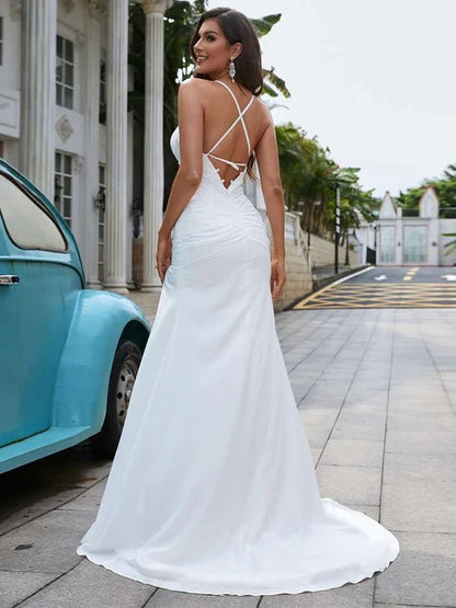Glamorous Satin Mermaid Sweetheart Criss-Cross Open Back Floor-Length Wedding Dress