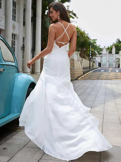 Glamorous Satin Mermaid Sweetheart Criss-Cross Open Back Floor-Length Wedding Dress