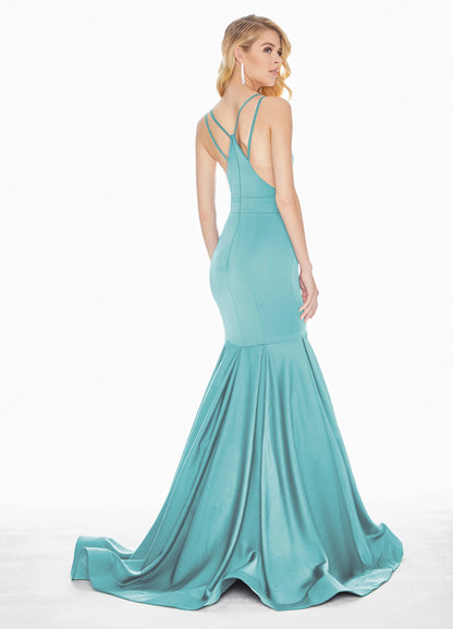 Glamorous Satin Mermaid V-Neck Sleeveless Criss-Cross Open Back Floor-Length Evening Dresses