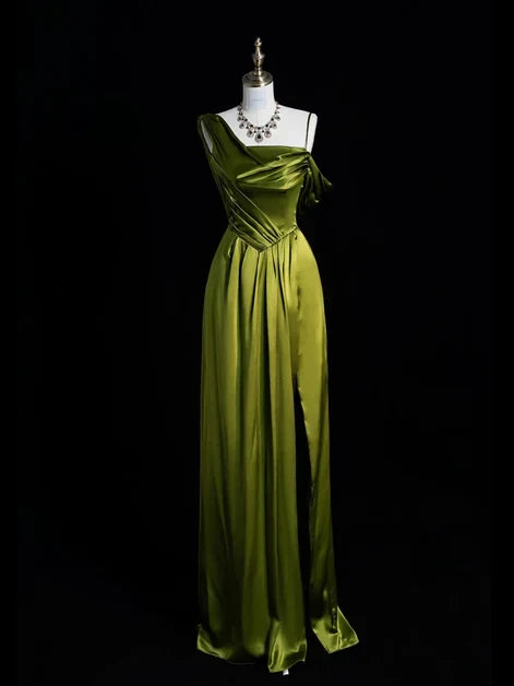 Glamorous Satin Sheath High Slit Asymmetrical Draped Cowl Neck One Shoulder Floor-Length Prom Dress