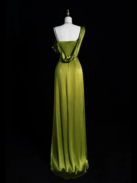 Glamorous Satin Sheath High Slit Asymmetrical Draped Cowl Neck One Shoulder Floor-Length Prom Dress