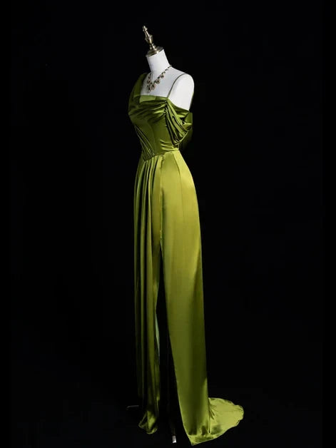 Glamorous Satin Sheath High Slit Asymmetrical Draped Cowl Neck One Shoulder Floor-Length Prom Dress