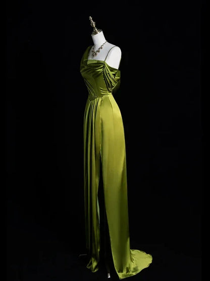 Glamorous Satin Sheath High Slit Asymmetrical Draped Cowl Neck One Shoulder Floor-Length Prom Dress