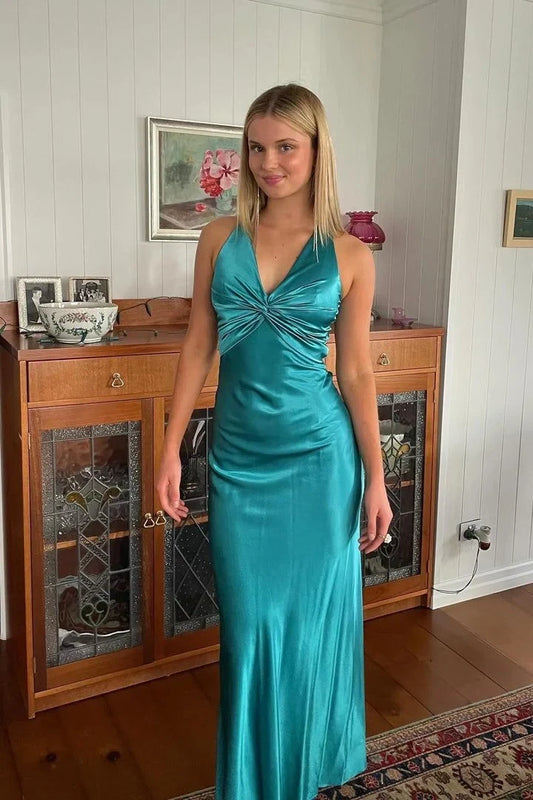 Glamorous Satin Sheath V-Neck Halter Sleeveless Open Back Bow Tie Floor-Length Evening Dresses