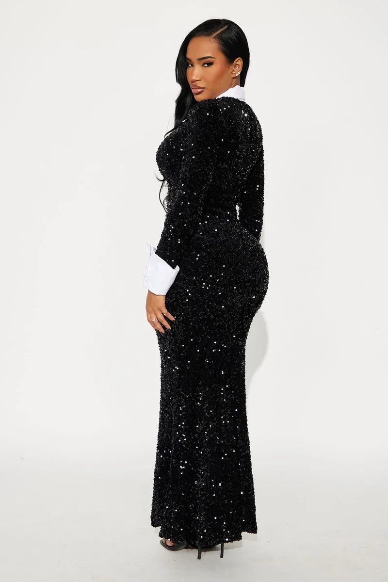 Glamorous Sheath Collared Long-Sleeve Keyhole Contrast Black Maxi Evening Dresses Women