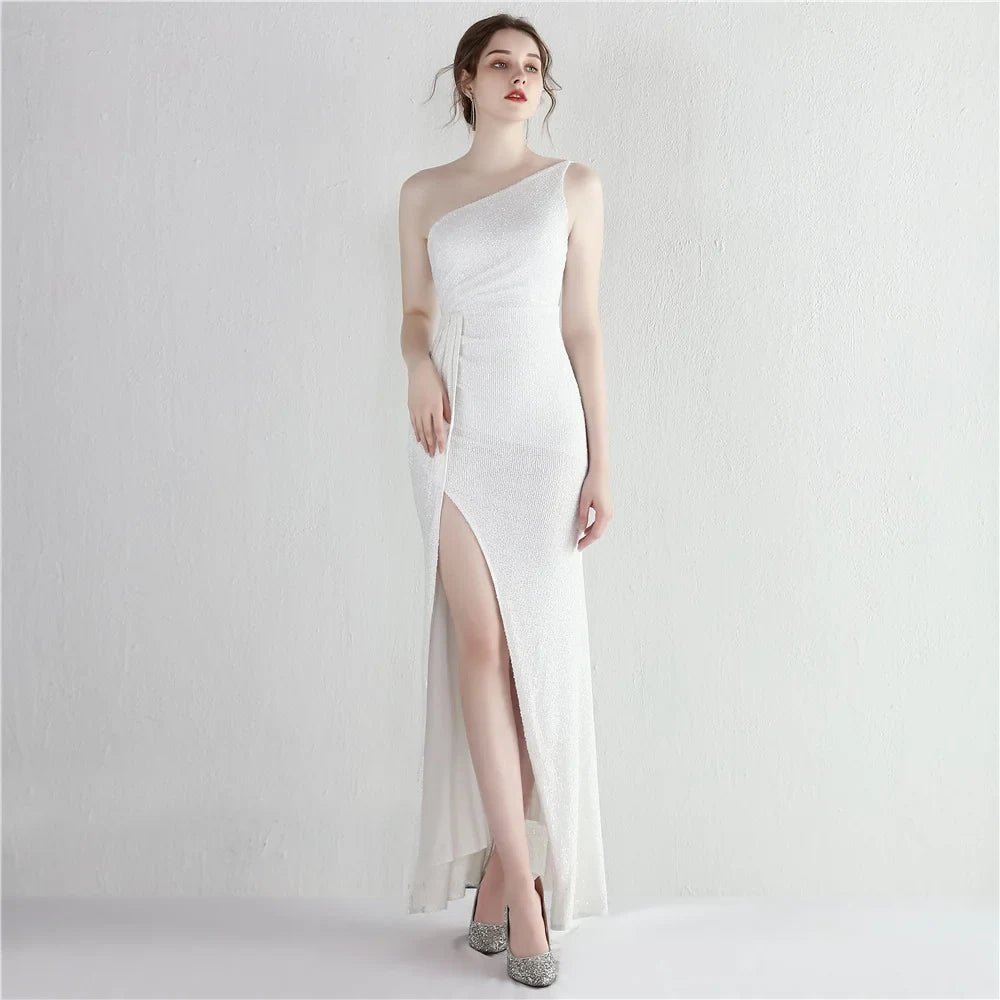 Glamorous Sheath One-Shoulder Sleeveless Ruched Slit White Long Evening Dresses Women