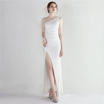 Glamorous Sheath One-Shoulder Sleeveless Ruched Slit White Long Evening Dresses Women