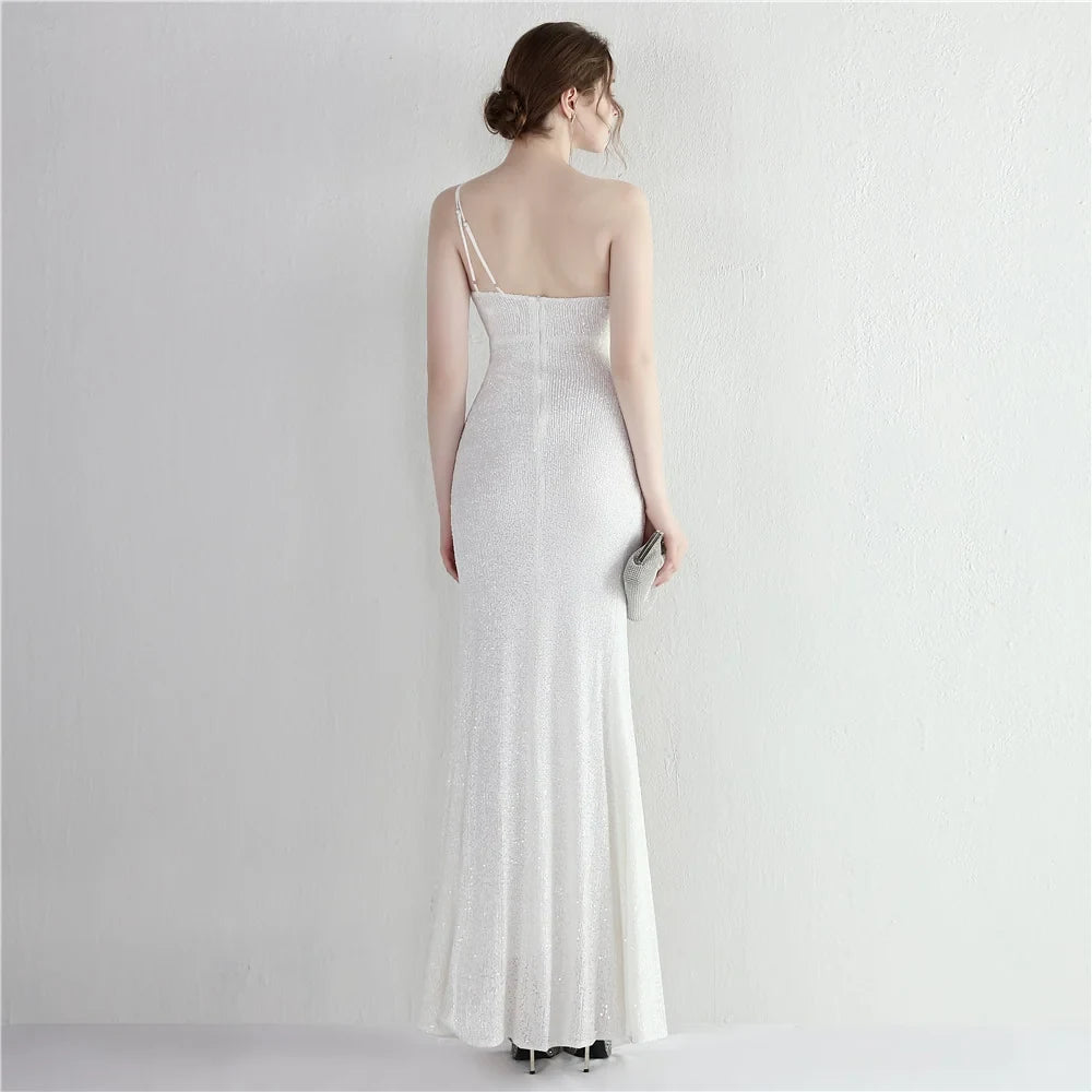 Glamorous Sheath One-Shoulder Sleeveless Ruched Slit White Long Evening Dresses Women