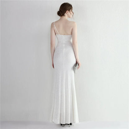 Glamorous Sheath One-Shoulder Sleeveless Ruched Slit White Long Evening Dresses Women