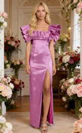 Glamorous Shimmering Satin Sheath Square Neck Ruffled Cap Sleeves Zipper Back Floor-Length High Slit Evening Dresses