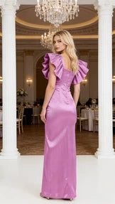 Glamorous Shimmering Satin Sheath Square Neck Ruffled Cap Sleeves Zipper Back Floor-Length High Slit Evening Dresses