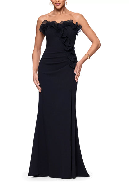 Glamorous strapless crepe evening dress with 3D fan ruffle detail, ruched waist and high slit