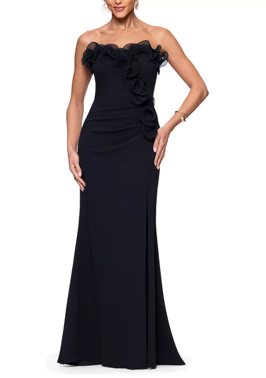 Glamorous strapless crepe evening dress with 3D fan ruffle detail, ruched waist and high slit