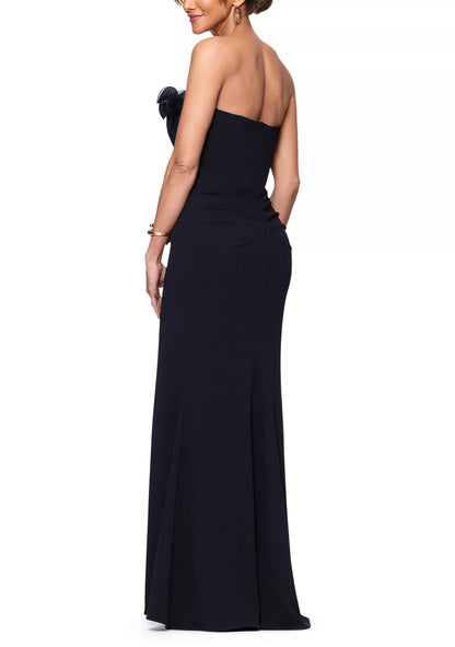 Glamorous strapless crepe evening dress with 3D fan ruffle detail, ruched waist and high slit
