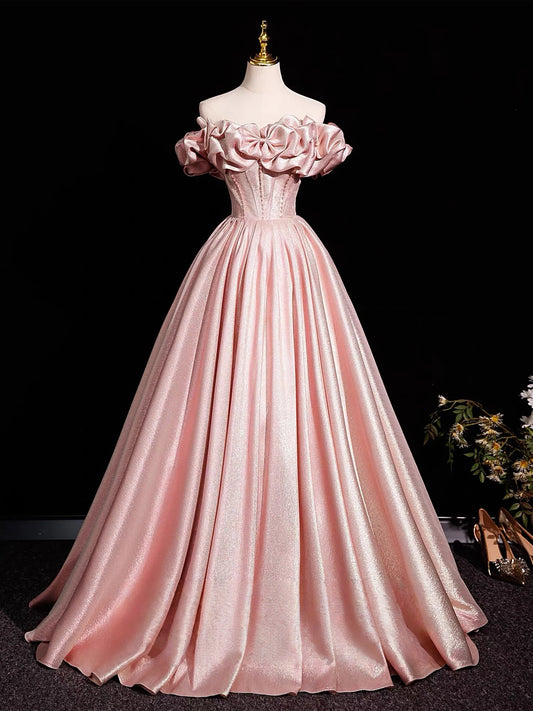 Glamour Shimmer Ball Gown Off-the-Shoulder Ruffled Sleeve Corset Floor-Length Prom Dress
