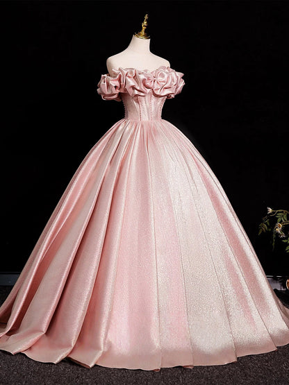 Glamour Shimmer Ball Gown Off-the-Shoulder Ruffled Sleeve Corset Floor-Length Prom Dress