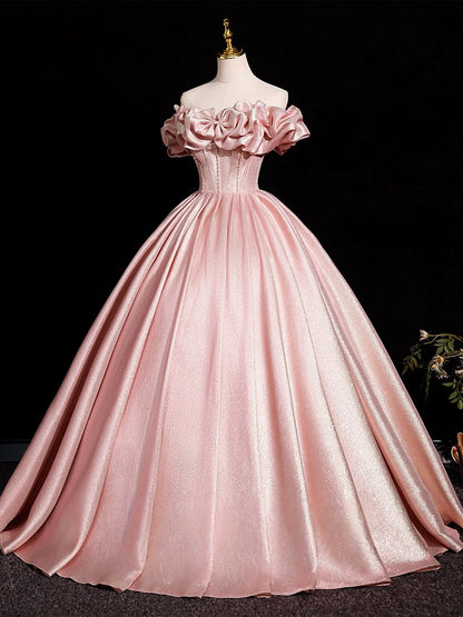 Glamour Shimmer Ball Gown Off-the-Shoulder Ruffled Sleeve Corset Floor-Length Prom Dress