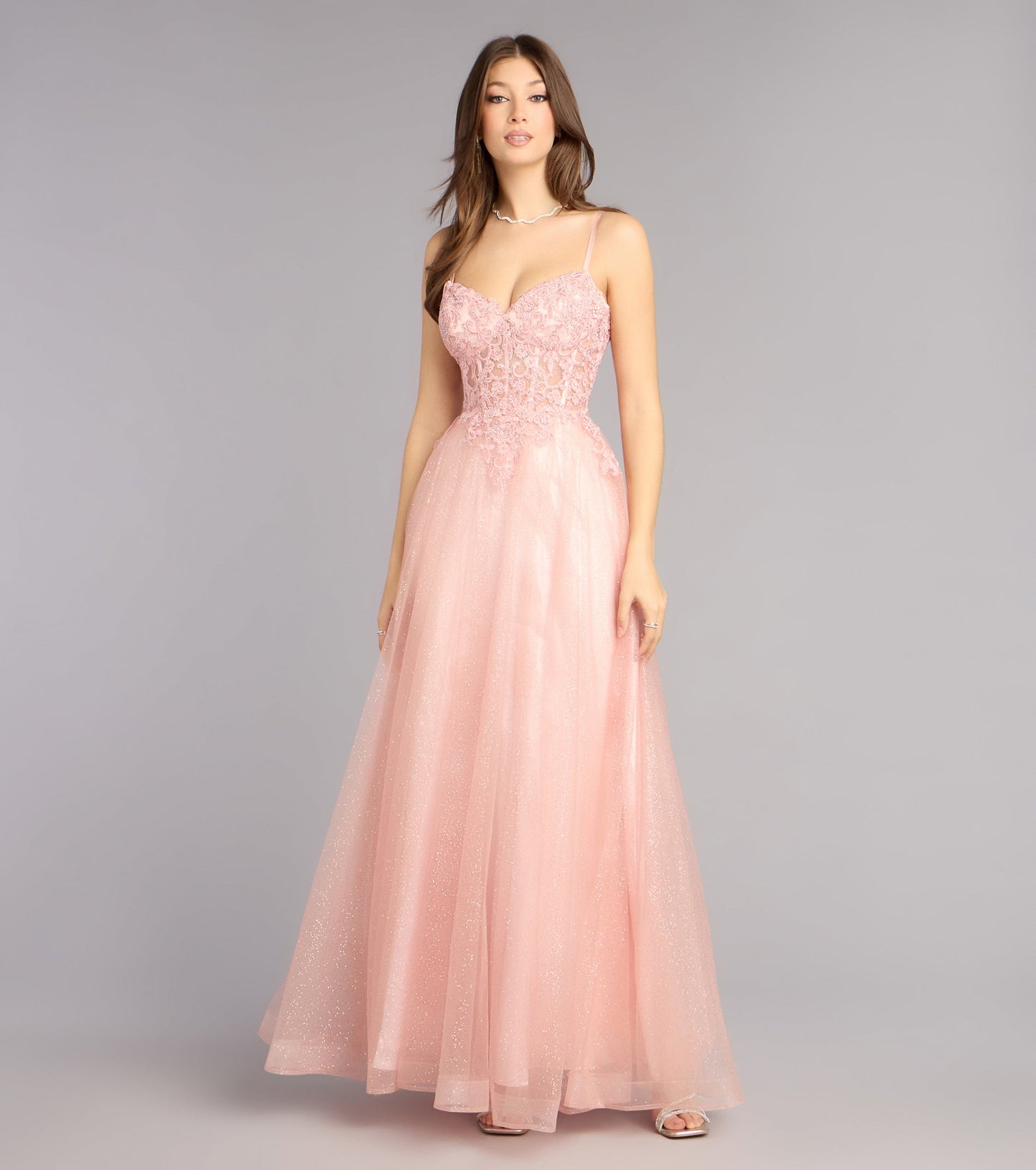 Sparkling Glitter Tulle A-Line Sweetheart Spaghetti Strap Lace Applique Floor Length Evening Gown