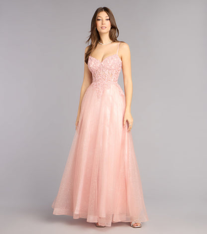 Sparkling Glitter Tulle A-Line Sweetheart Spaghetti Strap Lace Applique Floor Length Evening Gown