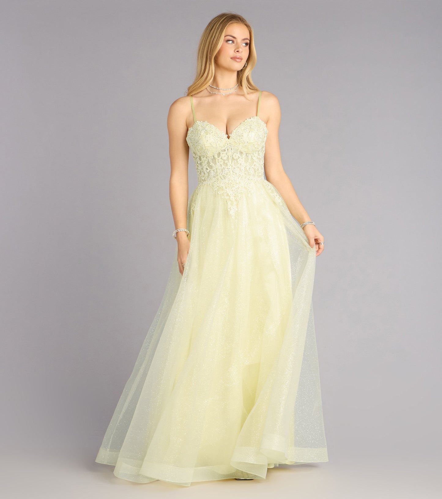 Sparkling Glitter Tulle A-Line Sweetheart Spaghetti Strap Lace Applique Floor Length Evening Gown